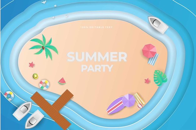 Vector summer sale banner in papercut style top view aerial with editable text effect