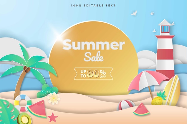 Vector summer sale banner in papercut style with editable text effect