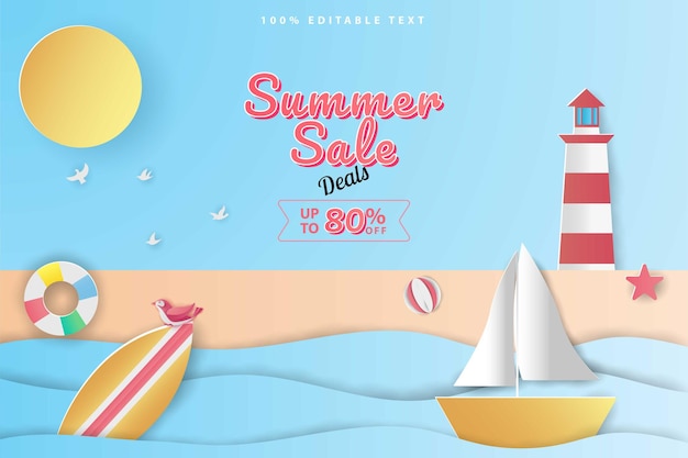 Vector summer sale banner in papercut style with editable text effect