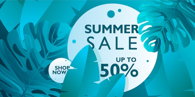 Summer sale banner promotion With tropical leaves on blue color