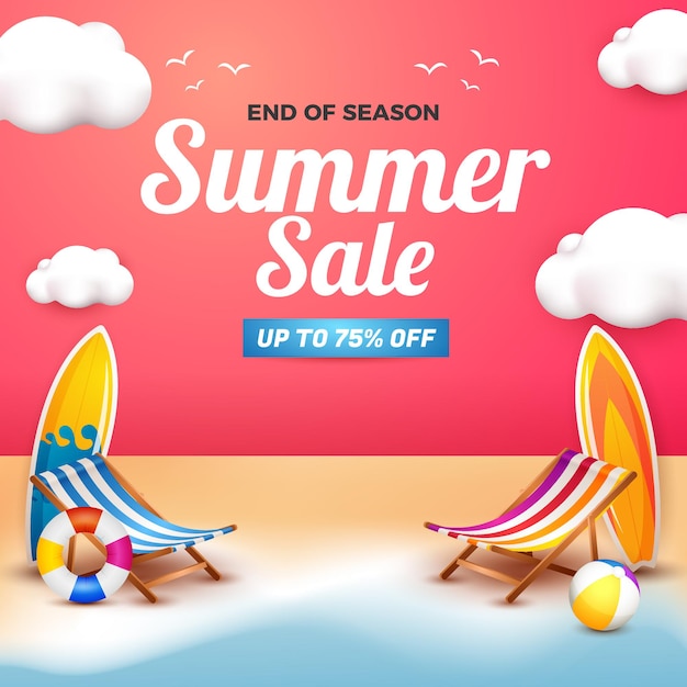 Summer sale banner for social media flyer with 3d beach element cartoon style