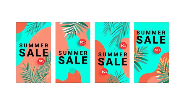 Summer sale banner stories for social media. colorful  templates with tropical leaves, liquid forms