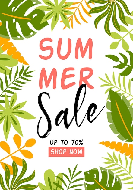 Летняя распродажа баннер летний фон с тропическими листьями зеленый тропический баннер шаблон продажи вектор
