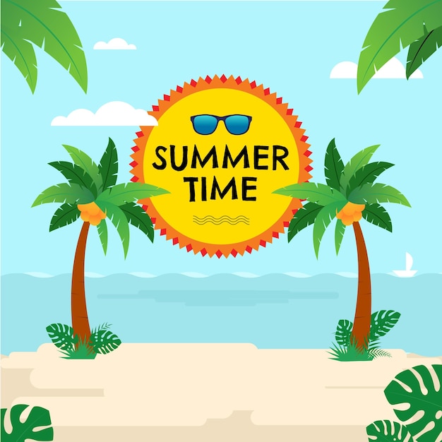 Summer sale banner template layout design with coconut tree sun beach landscape