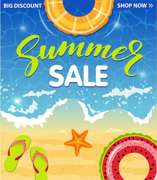 Summer sale banner template summer sale hot season discount poster with swim ring flip flops