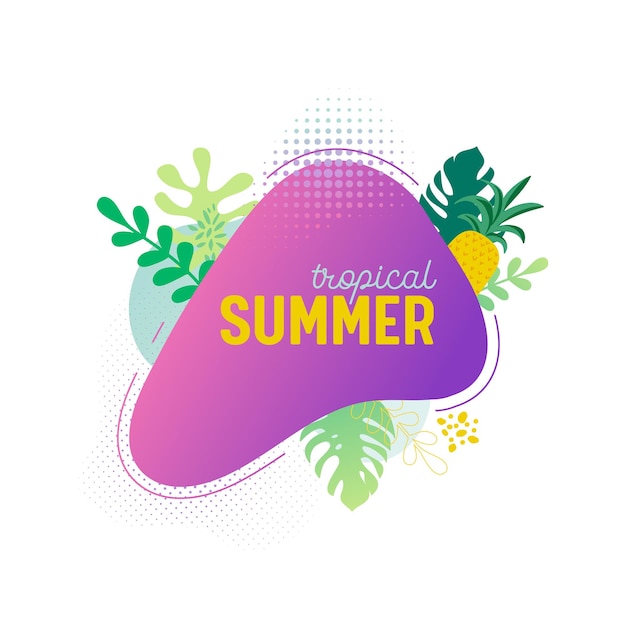 Summer sale banner template. Tropical liquid geometric shape background with palm leaves, tropic fluid bubble, card, brochure, promo badge for your seasonal design. Vector illustration