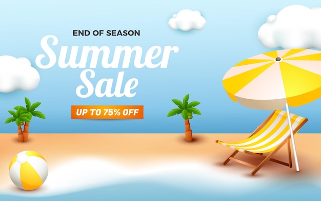 Summer sale banner template with beach background and 3d element cartoon style