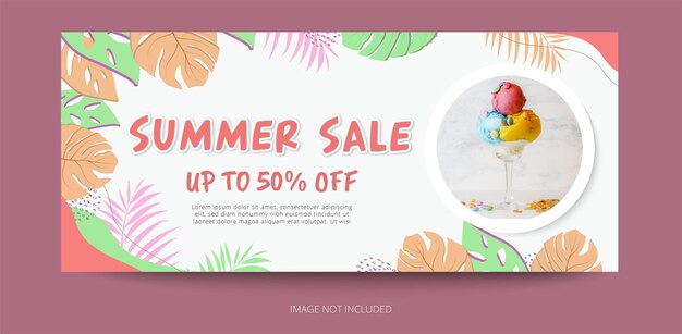 Summer sale banner template with flat tropical leaves