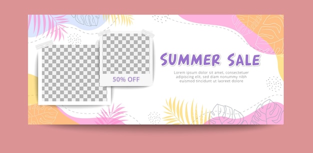 Summer sale banner template with flat tropical leaves