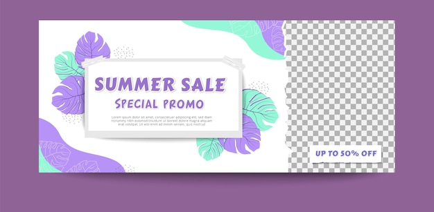 Summer sale banner template with flat tropical leaves