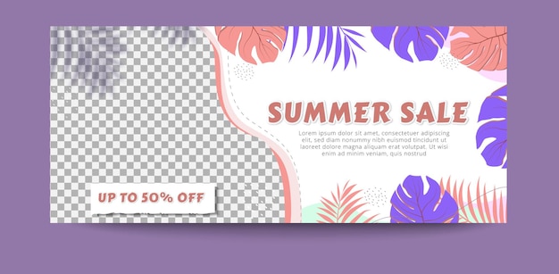 Summer sale banner template with flat tropical leaves