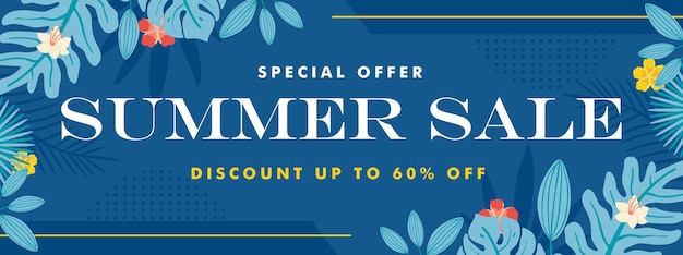 Summer sale banner template with frame and blue floral leaf