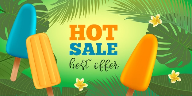 Summer sale banner template with popsicle ice cream frangipani flower and palm leaves typography bad...