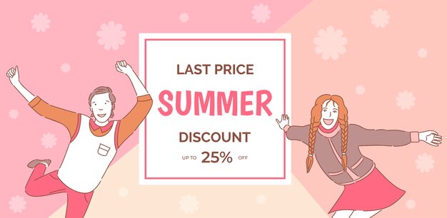 Summer sale  banner template with text space. smiling man and woman having fun, enjoying and dancing.