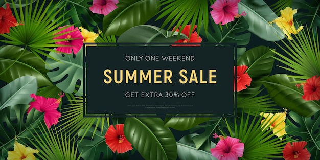 Summer Sale Banner Template With Tropical Foliage Flowers