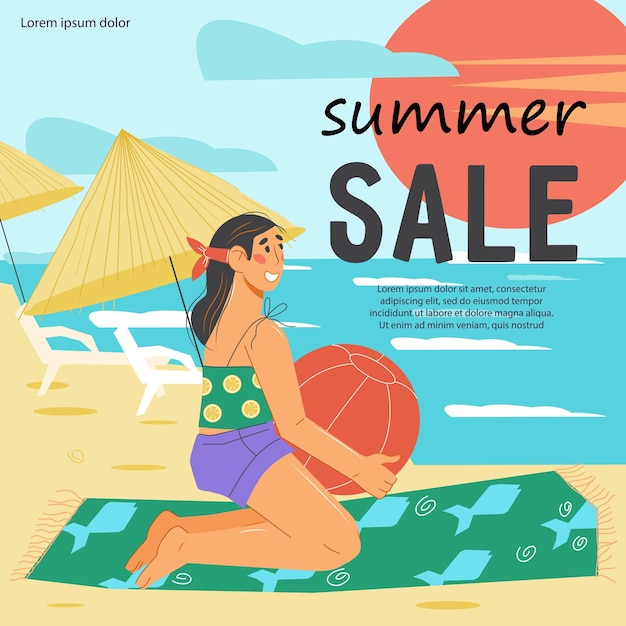 Summer sale banner template with woman at seascape background flat vector