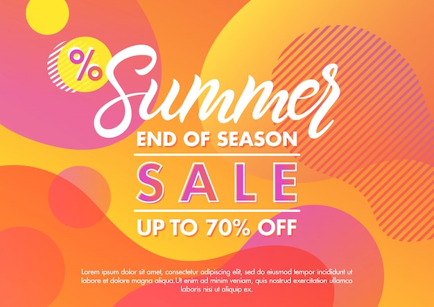 Summer sale banner.Unique design card with gradient background,shapes and geometric elements in memphis style.Sale season card perfect for prints, flyers,banners, promotion,special offer and more.