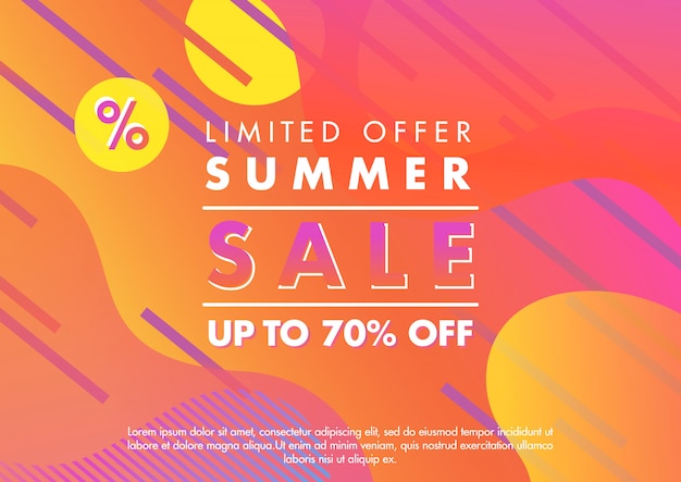 Summer sale banner.unique design card with gradient background,shapes and geometric elements in memphis style.sale season card perfect for prints, flyers,banners, promotion,special offer and more.