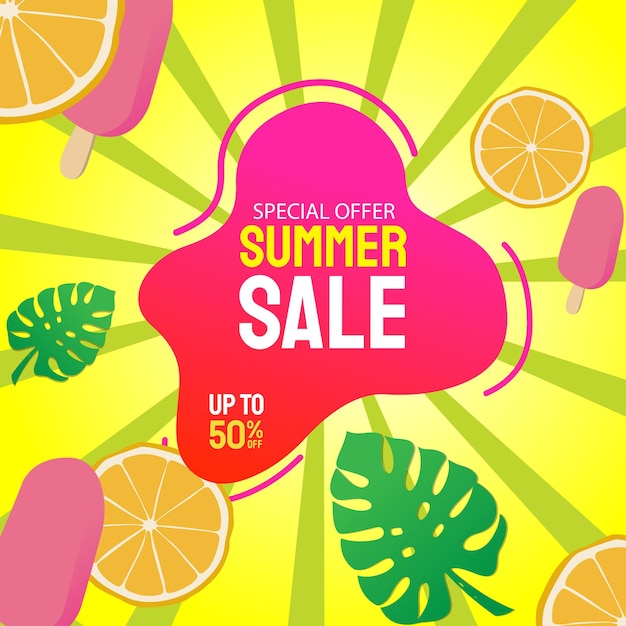 Vector summer sale banner vector illustration. lemon ice cream and leaf on background.