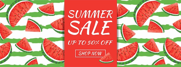 Summer sale banner Watermelon slices on a striped background