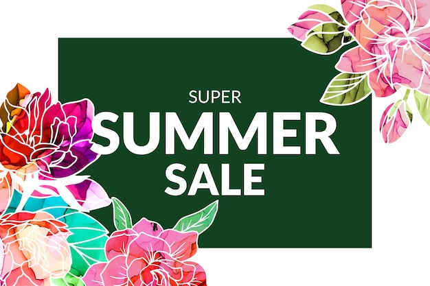 Summer sale banner with alcohol ink flowers