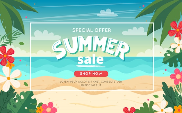 Summer sale banner with beach landscape, lettering and floral frame. vector illustration in flat style