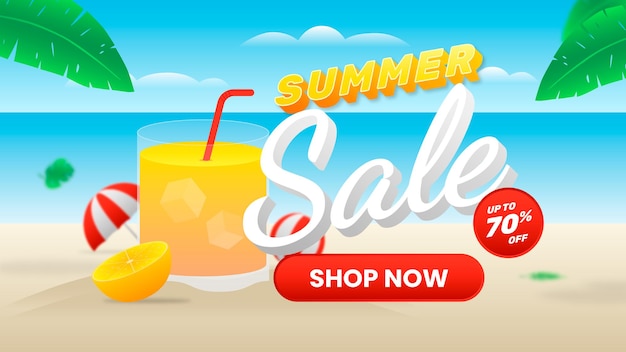 Summer sale banner with Beach, orange ice balloon and umbrella