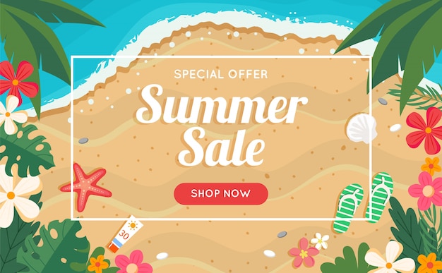 Summer sale banner with beach and sea, floral frame.