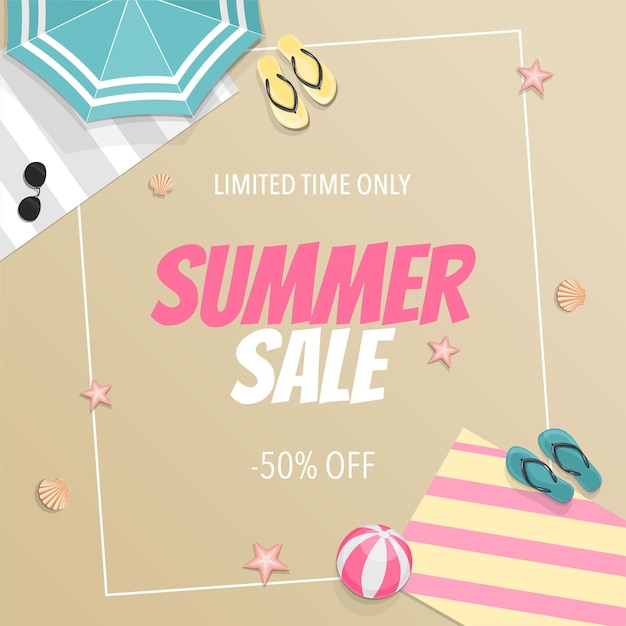 Summer sale banner with beach and umbrella flip flops and seashells with sign