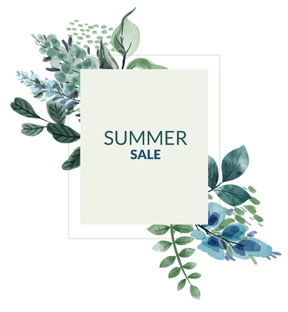 Summer sale banner with blue and greenish flowers