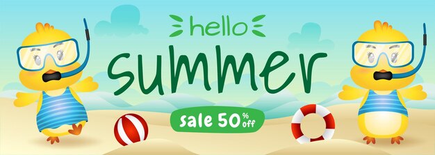 Vector summer sale banner with a cute chick couple using snorkeling costume in beach
