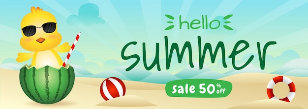 Vector summer sale banner with a cute chick in the watermelon