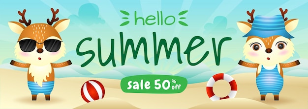 Summer sale banner with a cute deer in beach