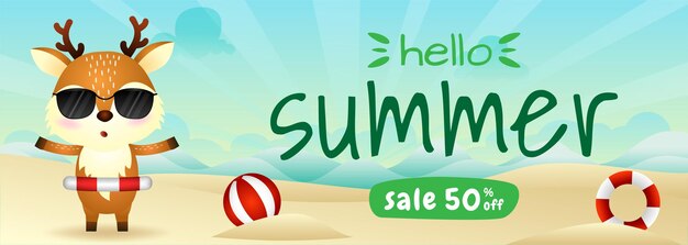 Summer sale banner with a cute deer using lifebuoy ring