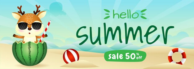 Summer sale banner with a cute deer in the watermelon