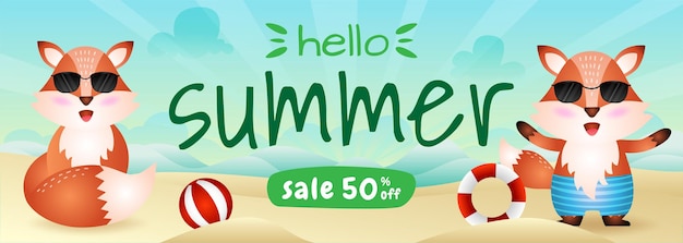 Summer sale banner with a cute fox in beach