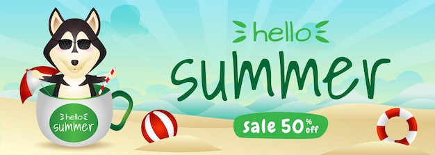 Summer sale banner with a cute husky dog in the cup