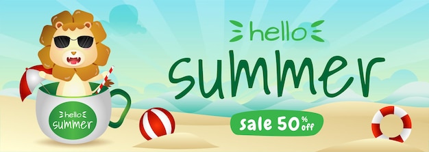 Summer sale banner with a cute lion in the cup