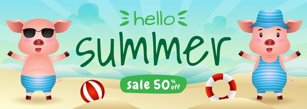 Summer sale banner with a cute pig in beach