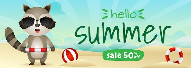 Summer sale banner with a cute raccoon using lifebuoy ring