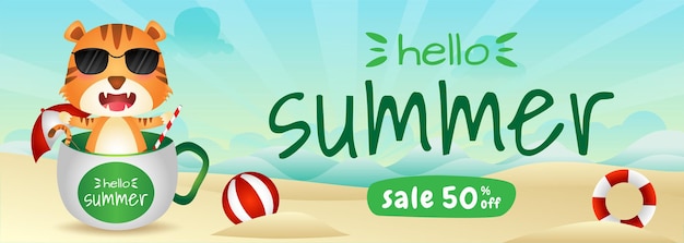 Summer sale banner with a cute tiger in the cup