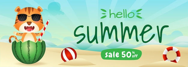 Summer sale banner with a cute tiger in the watermelon