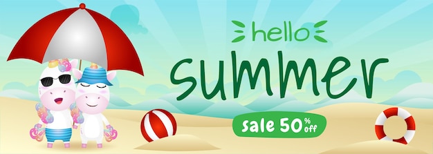 Summer sale banner with a cute unicorn couple using umbrella in beach