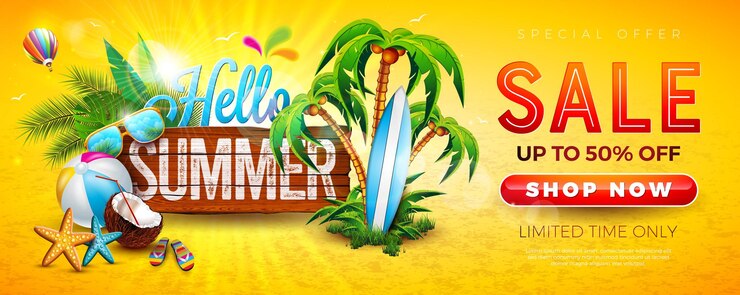 Vector summer sale banner with flower and beach holiday elements tropical vacation floral illustration