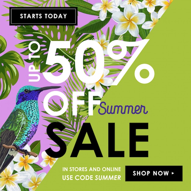 Summer sale banner with flowers and humming birds