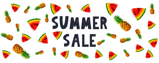 Summer sale banner with fruits watermelon pineapple letter