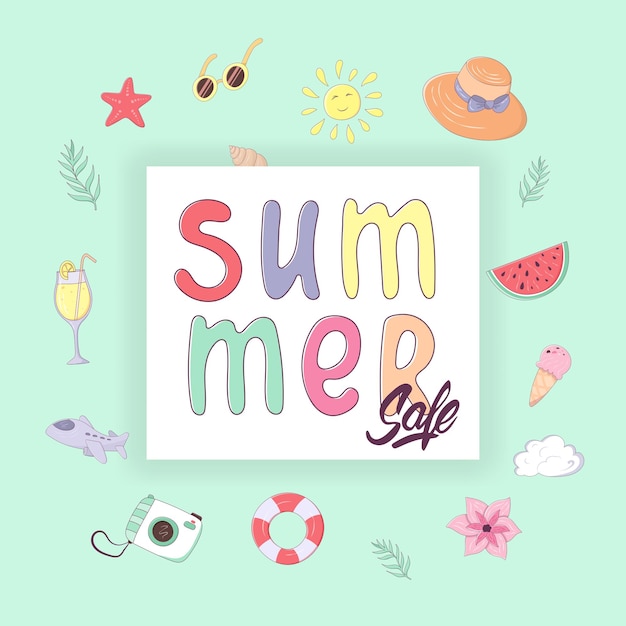 Vector summer sale banner with lettering and design elements. vector illustration in cartoon style with strokes for advertising