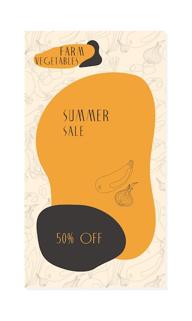 Summer sale banner with organic vegetables in hand drawn style