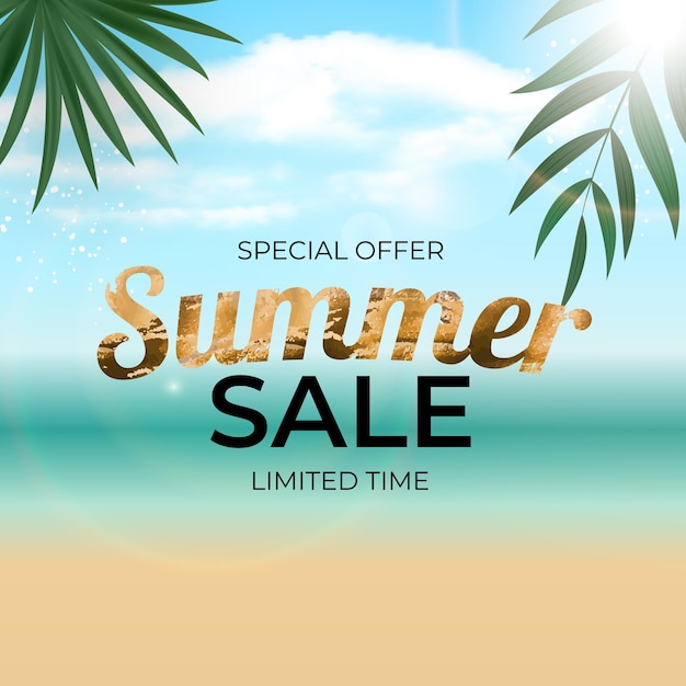 Summer Sale banner with Palm Leaves and Sea