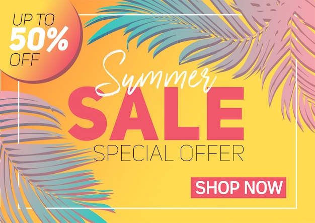 Summer sale banner with paper cut tropical leaves 